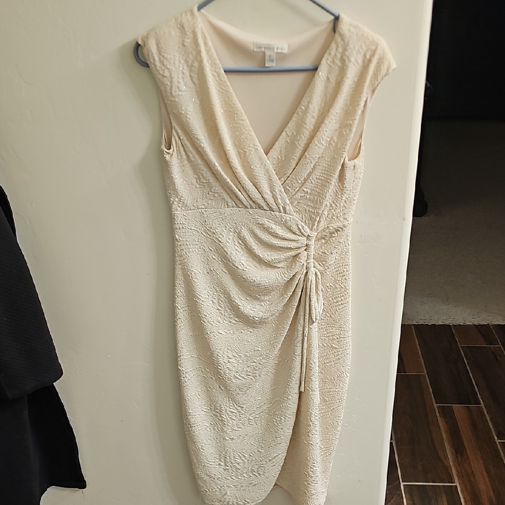 London Times Cream Asymmetrical Ruched Midi Dress